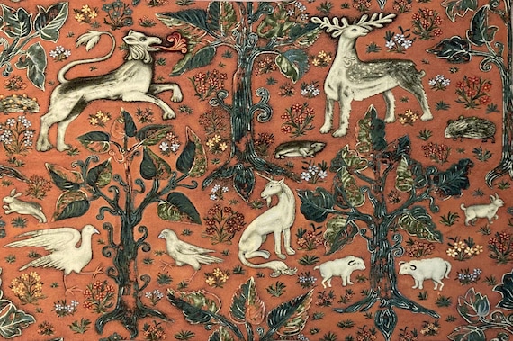 Mythical Art Magic Forest Animals Woven Tapestry Wall Hanging Red White Decor NOT PRINT Wood Tree Unicorn Lion Hare Deer Birds Sheep 60"x40"