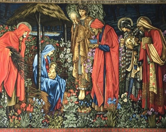 Adoration of the Magi William Morris Christian Religious Nativity Christmas Scene Tapestry Wall Hanging Jesus Birth Maria, H56" x W87"
