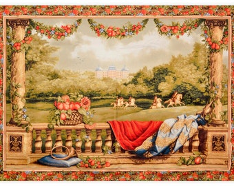Verdure aux Chateau Pipe Stor vävd väggbonad med Versailles slottsscen Klassisk dekor Medeltida konst Väggbonad Hästar 76x54"