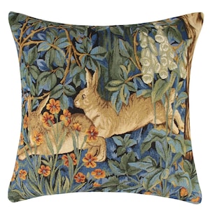 William Morris Rabbits Hares in Wood Bunny Tapestry Pillow Sham Cover Cushion Rich Greenery Forest Creatures Animal Botanical Design 18"x18"