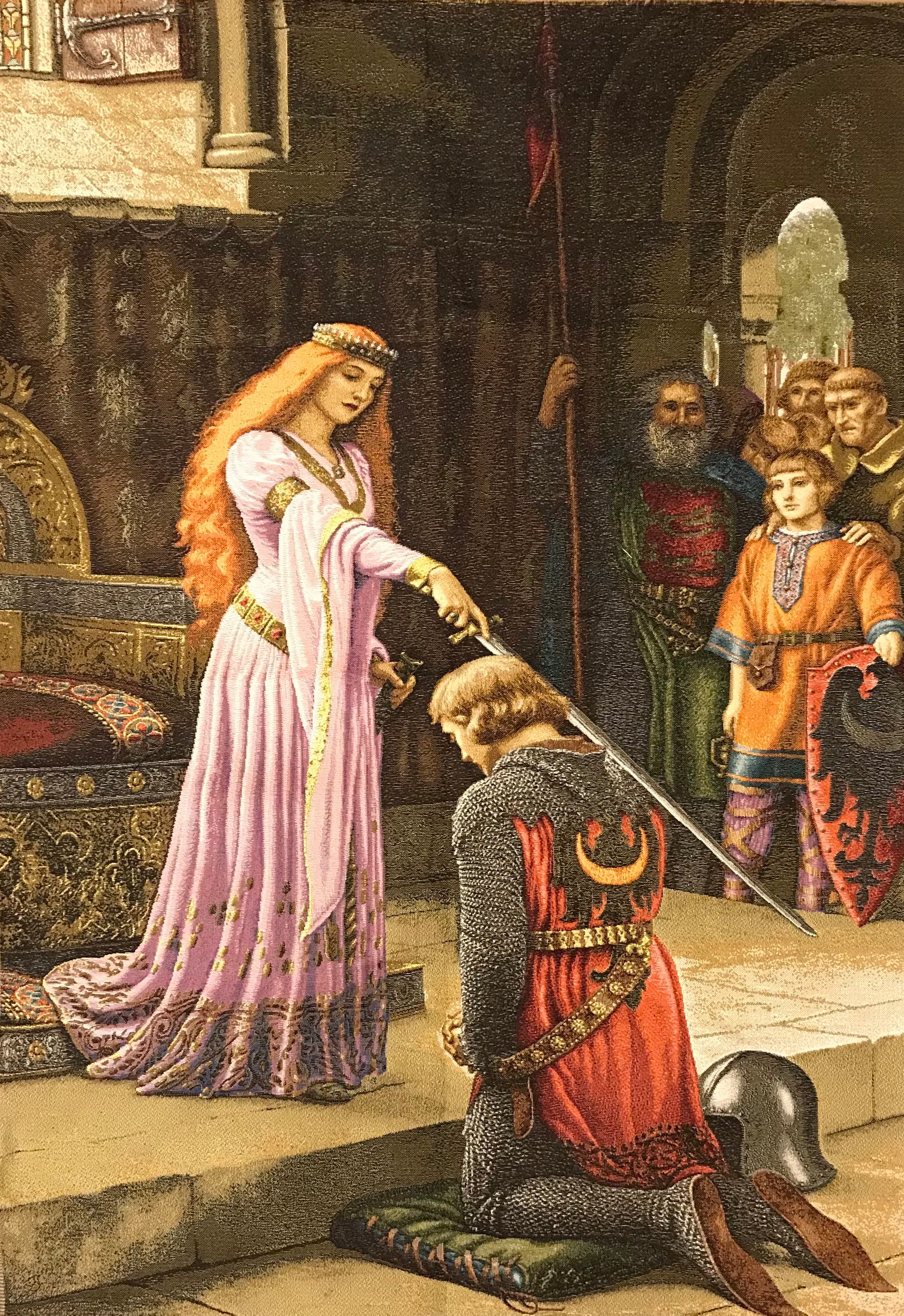 The Accolade Knighting Ceremony Reproduction of Leighton’s Painting Knight Sword Lady Medieval Tapestry Wall Hanging 29" x 42" / 74x104cm
