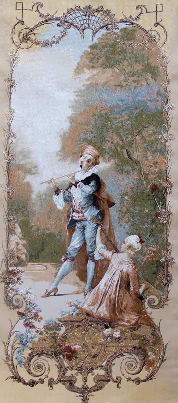 Old World Couple Tapestry Wall Hanging Lesson of Music Cream Color Romantic Pastoral Scene in the Garden Man Lady H43