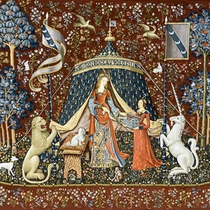 Lady & Unicorn A Mon Seul Desir Cluny Tapestry Unicorn Medieval Large Tapestry Wall Hanging Cluny Museum Art Brown Woven Wallhanging 56&quot;x76&quot;