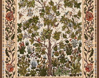 Tapiz de pared del Árbol de la Vida de Morris, manzana floreciente, flores beige, frutas, botánico, Mille Fleurs, decoración artística de Morris, 105 x 145 cm