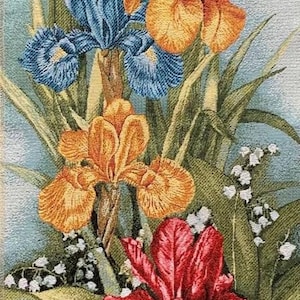 Contemporary Floral Wall Art Flowers Textile Tapestry Wall Hanging Irises & Lilies Floral Decor Botanical Art Flowers Bright Colors 40&quot;x14&quot;