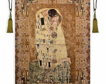 Kiss by Gustav Klimt Art Nouveau Romantic Couple Romance Art Large European Museum Tapestry Wall Hanging Wallhanging Golden Threads 75&quot;x51&quot;