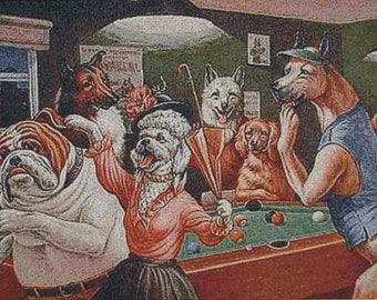 Traditional Wall Art Tapestry Dogs Playing Pool III Set of reproduction Billiard, Game Room Decor Idea, H16" x W24"