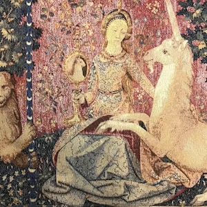 Lady and Unicorn Medieval Wall Art Tapestry Sight A Mon Seul Desir Lion Cluny Museum Dame Licorne Traditional Classic Wall Decor H15&quot; x W28&quot;