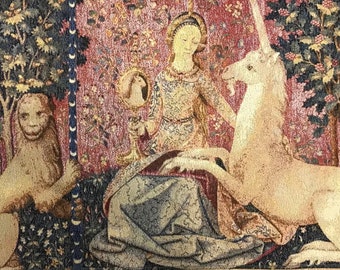 Tapiz medieval de Dama y Unicornio, &quot;Vista a Mon Seul Desir Lion&quot;, Museo de Cluny, &quot;Dama Licorne&quot;, decoración de pared clásica tradicional (alto 38 cm x ancho 71 cm)