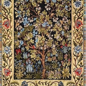 Tree of Life William Morris Tapestry Art Black Background Mille Fleur Botanical Ornament Wall Hanging Classic Medieval Decor 26&quot;x36&quot;/65x91cm