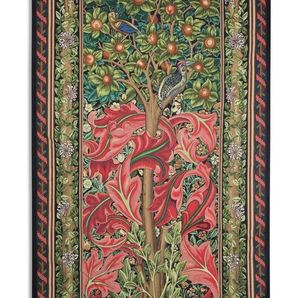 William Morris Art Woodpecker Red Tapestry Wall Hanging Ozdobna kompozycja Drzewo owocowe Ptak Wiktoriański dekoracyjny materiał ścienny 72"x41"