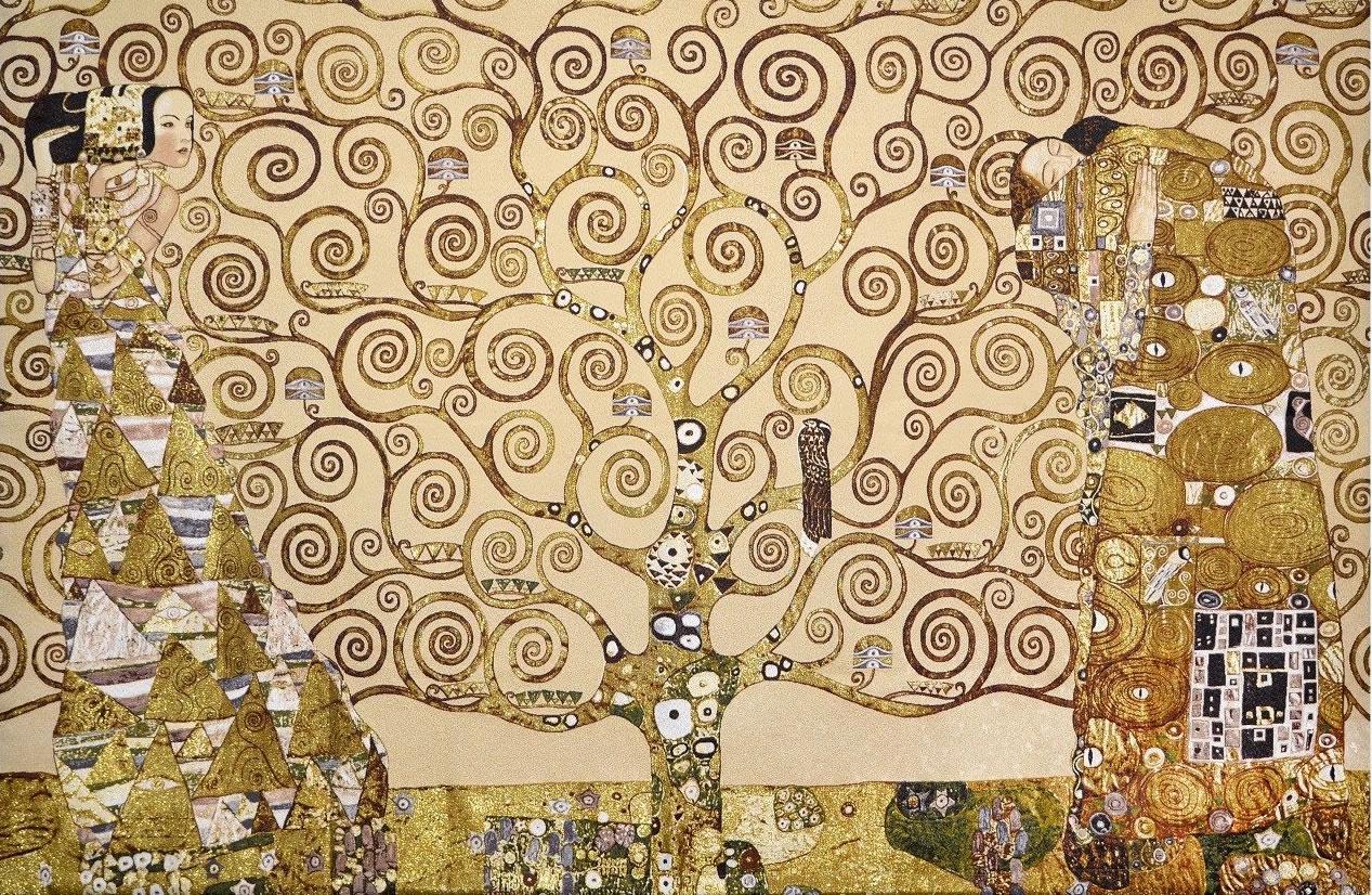 Klimt Baum des Lebens Tapisserie Wandbehang NICHT DRUCKEN Gustav Klimt Museum Jugendstil Goldene Fäden groß Abstraktes zeitgenössisches Dekor 84 "x 55"
