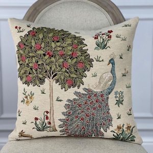 Morris Cushion Fire Bird Fruit Tree Floral Pattern Art Birds Flowers Tapestry Pillow Case Sham Cover Botanical Ornament Decor Beige 18&quot;x18&quot;