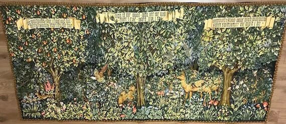 William Morris Art Tapestry Wall Hanging Forest Creatures Animals Medieval Woods Greenery Hares Fox Deer Partridge Night 96x46 116x242cm Etsy Canada