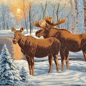 NOT PRINTED Wall Art Woven Tapestry Wall Hanging Winter Forest Elks Snow Wood Scenery Wildlife Scene Animals Textile Wallhanging 28&quot; x 44&quot;