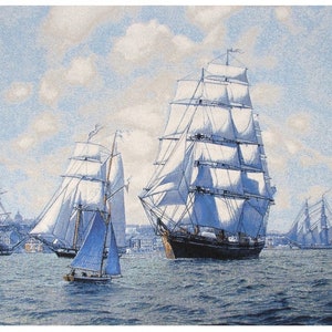 Armada Tapestry Wall Hanging Brig Sailing Boats Ships Seascape Marina Naval Nautical Scene Ocean Sea Sailboats Decorative Textile Art 28x40&quot;