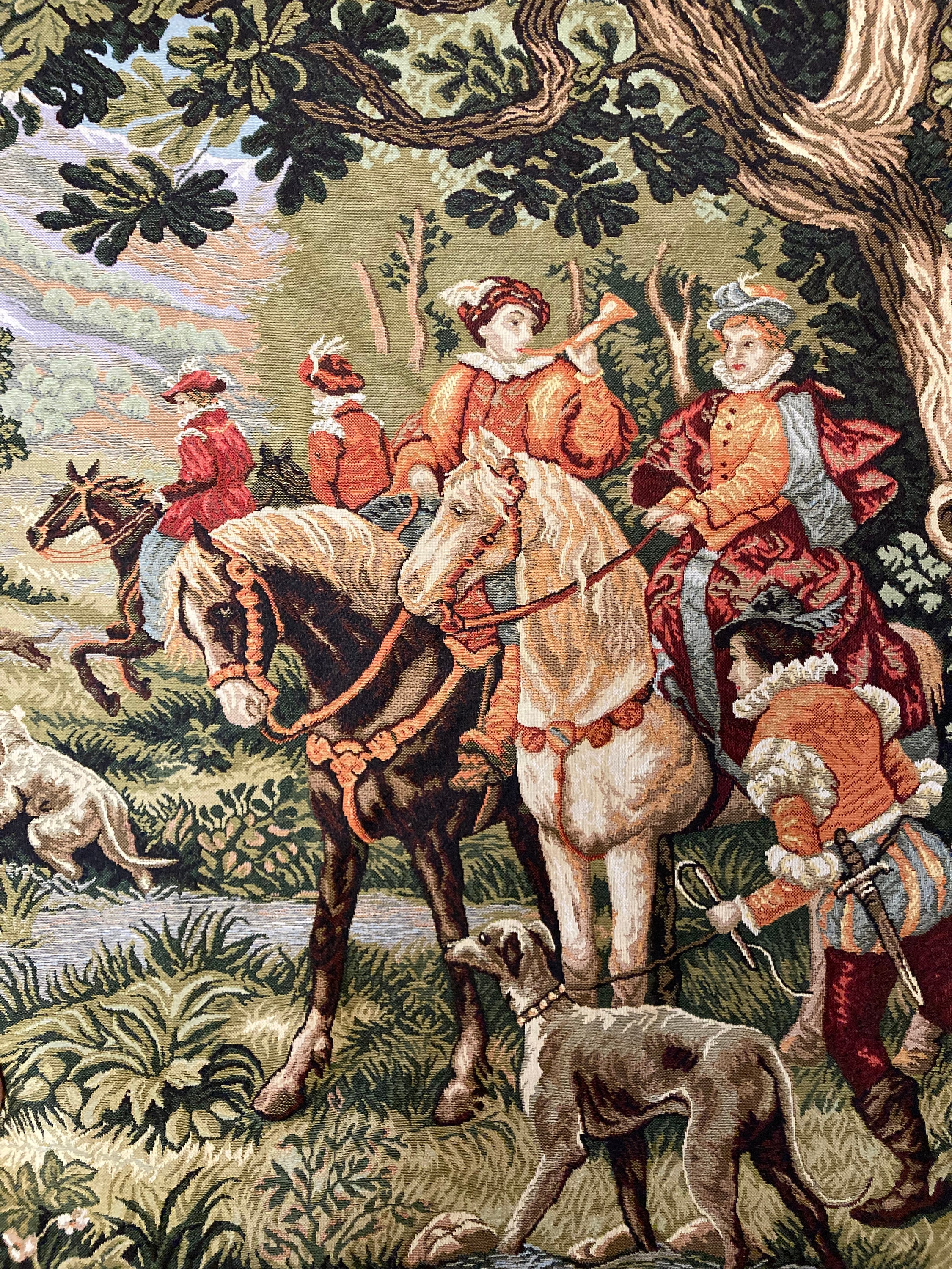 アンティーク フランス 狩猟の光景 鹿・騎馬者・犬 カットワーク リネンクロス アンティーク フランス 狩猟の光景 鹿・騎馬者・犬 カットワーク