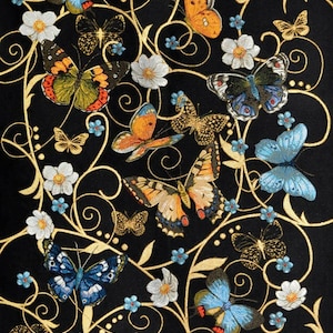 May include: Black fabric with a gold floral pattern and colorful butterflies. The butterflies are in various shades of blue, orange, and red.