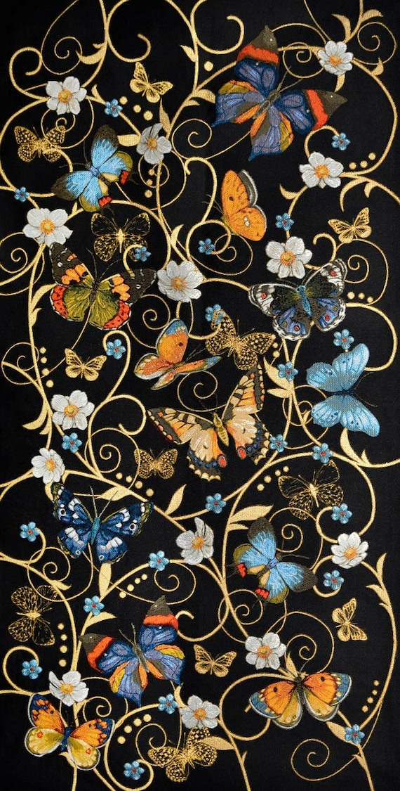 Woven Textile Wall Art Tapestry Wallhanging Flowers on Black Dancing Butterflies Floral Composition Botanical Tapestry Wall hanging 48"x28"
