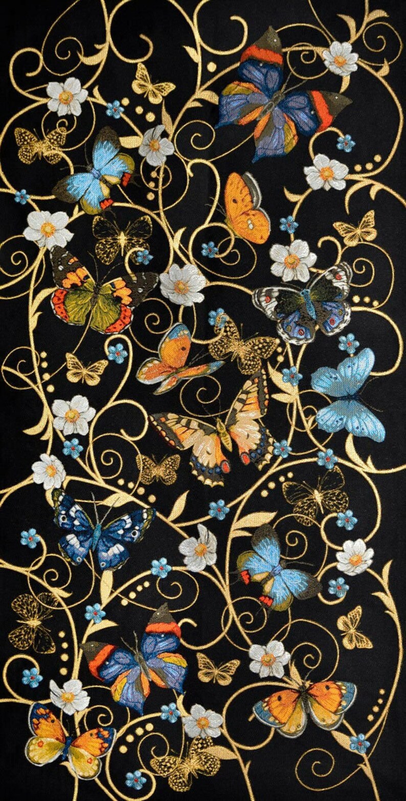 May include: Black fabric with a gold floral pattern and colorful butterflies. The butterflies are in various shades of blue, orange, and red.