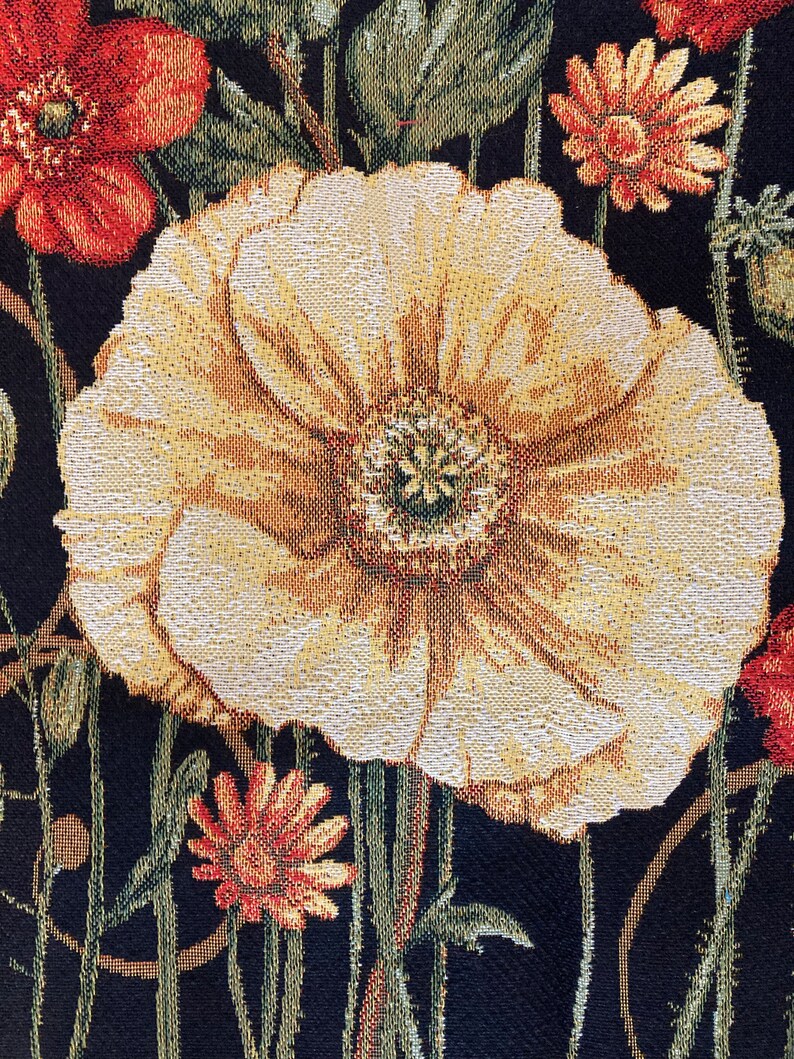 Floral Tapestry Wall Hanging Poppies Flowers on Black Dark Still Life