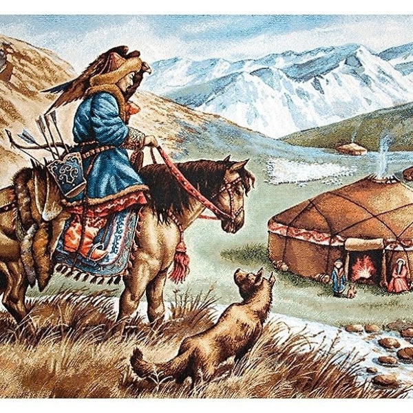 Tapisserie Wandbehang Jagd mit einem Steinadler Pferd Jäger Reiter Wildtier asiatische Bergszene, H70cm x B113cm