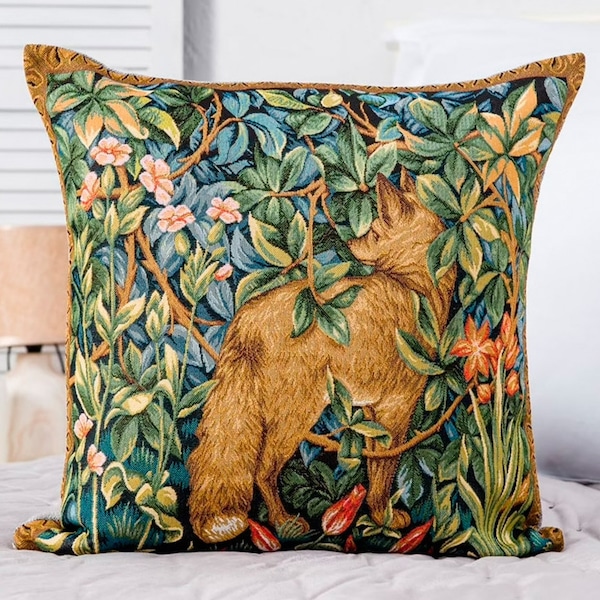 William Morris Fox in Woods Tapestry Pillow case Sham Cover Cushion Rich Greenery Forest Creatures Animal Botanical Design 18"x18"