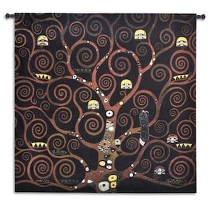 Stoclet Frieze Schwartz Series by Gustav Klimt Art Nouveau Abstract Tree of Life Tapestry Wall Hanging Decorative Textile Wallhanging 53x53&quot;