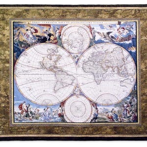 Alte Weltkarte Vintage Atlas mit schönen Mythologie Szenen Wandbehang 100% Baumwolle Jacquard gewebt NICHT BEDRUCKT Textil H42 "x W52"