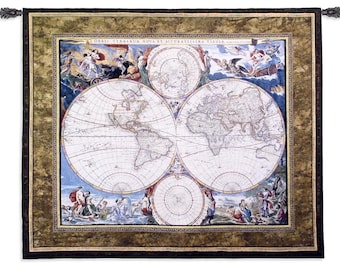 美しい神話のシーンが描かれた古い世界地図とヴィンテージアトラスのタペストリー、壁掛け、100%コットンジャカード織り、プリントではありません。生地高さ42インチ x 幅52インチ。