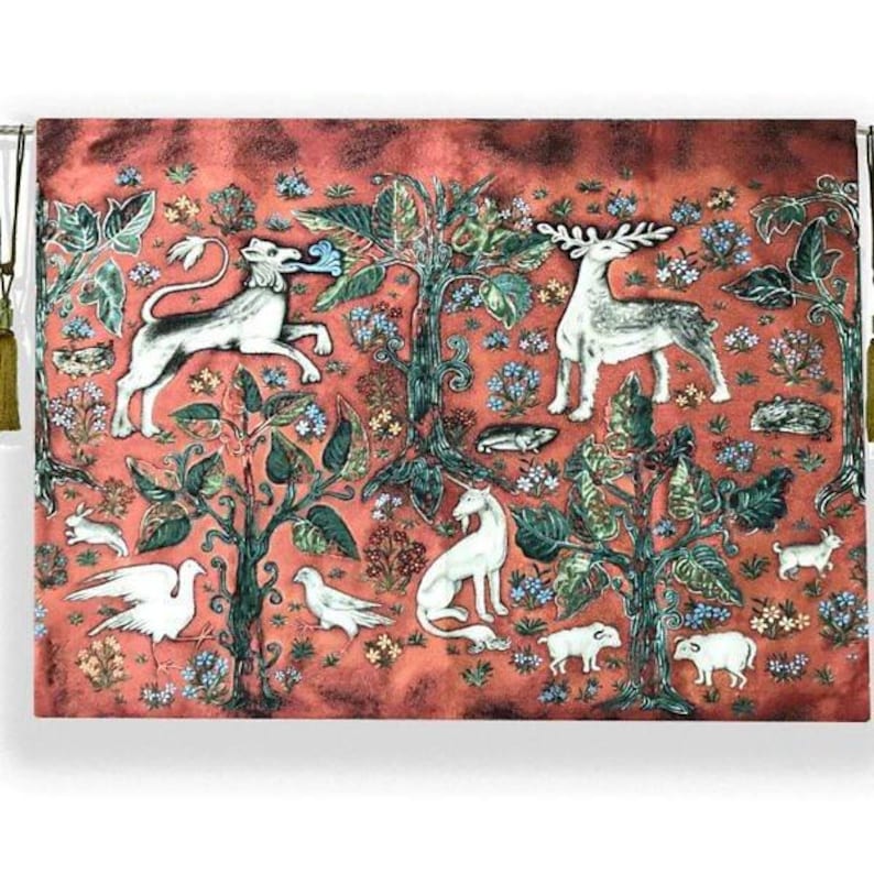 May include: A tapestry with a red background featuring a variety of animals and plants. The animals include a unicorn, a deer, a lion, and a bird. The plants are green and leafy, and there are also some flowers.