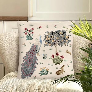 Morris Cushion Fire Bird Fruit Tree Floral Pattern Art Birds Flowers Tapestry Pillow Case Sham Cover Botanical Ornament Decor Beige 18&quot;x18&quot;
