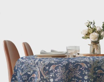 Medieval Mille Fleurs Birds & Trees Plants Botanical William Morris European Jacquard Woven Tapestry Circle Round Tablecloth Blue d66"/165cm