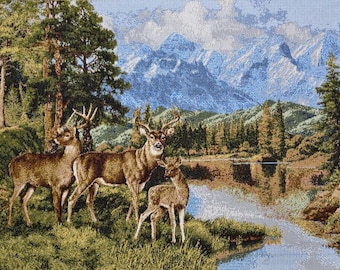 NOT PRINT Wall Tapestry Three Deer River Forest Landscape Art Wood Scenery Large Wallhanging Tapestry Wall Hanging Decorative Textile 54x84&quot;