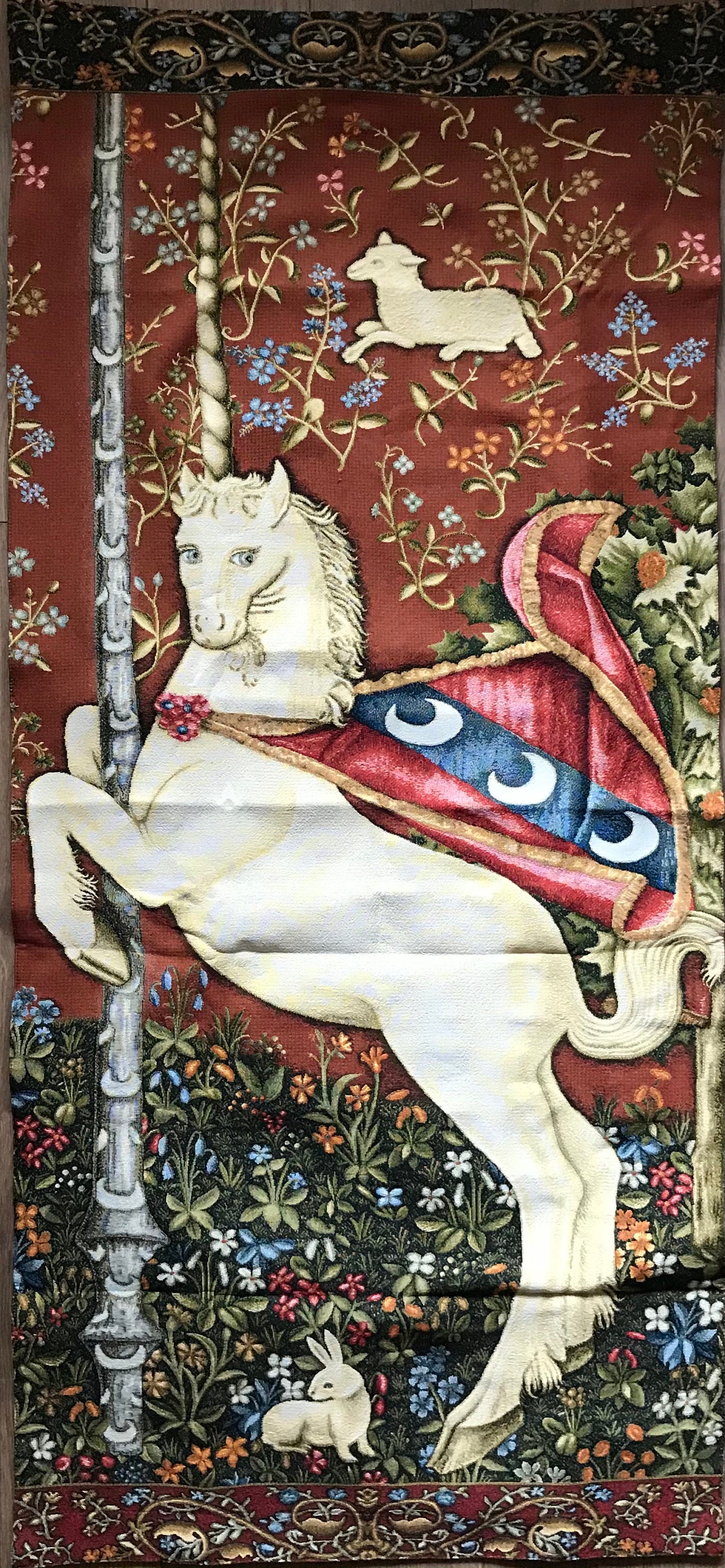 Unicorn Heraldic Medieval Tapestry Wall Hanging Woven NOT PRINT Licorne Heraldique Red Portiere Mille Fleur Classic Art Decor H65 X W27 Etsy Canada