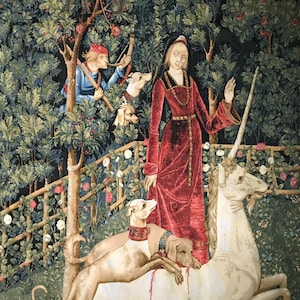 Unicorn Hunt Tapestry Decor Unicorn Surrenders to Maiden Medieval Wall Art Lady Young Girl Tapestry Wall Hanging Chasse a la Licorne 58&quot;x42&quot;