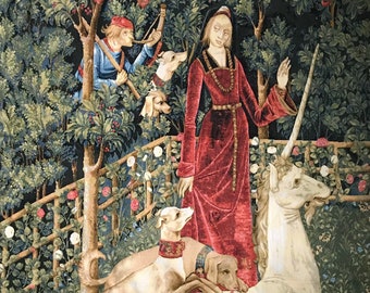 Unicorn Hunt Tapestry Decor Unicorn Surrenders to Maiden Medieval