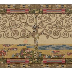 May include: A tapestry wall hanging featuring a stylized tree of life with a swirling pattern in shades of brown, beige, and cream. The tree is set against a light beige background with a blue and yellow landscape at the bottom. The tapestry has a decorative border with geometric patterns in shades of gold, red, and green.