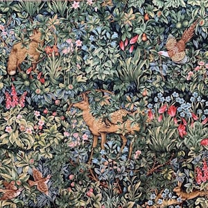 May include: A tapestry featuring a detailed depiction of a forest scene with a variety of flora and fauna. The tapestry includes a fox, two deer, a bird, and a rabbit, all woven into the intricate design. The tapestry is a rich green and brown color with pops of red and blue.