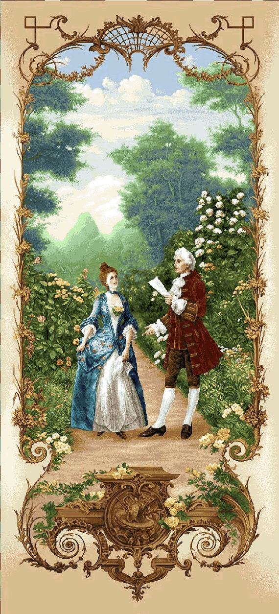 Old World Couple Tapestry Wall Hanging Lesson of Poetry Cream Color Romantic Pastoral Scene in the Garden Man Lady Old Costumes H43 X W20 Etsy UK