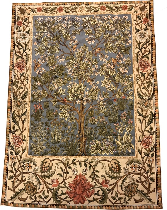 Morris Textile Wallhanging Tree of Life William Morris Blue Blossoming Apple Tree Mille Fleur Tapestry Wall Hanging Medieval Decor 38"x26"