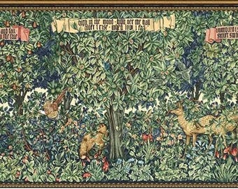 Tapiz de pared de William Morris con motivos de animales del bosque medieval, vegetación, liebres, zorros, ciervos y perdices. 46" x 96"
