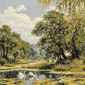 Swans on Lake Tapestry Wall Hanging Landscape Wildlife Scenery Wall Art Birds Forest Scene River Wood Decorative Textile Wallhanging 28&quot;x41&quot;