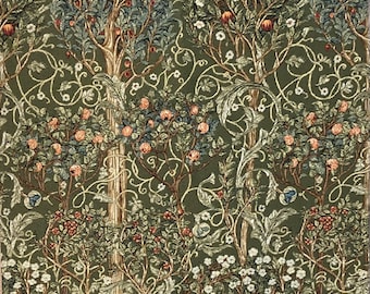 May include: A tapestry featuring a repeating pattern of stylized trees with green leaves, brown branches, and pink and white flowers. The background is a dark green color.