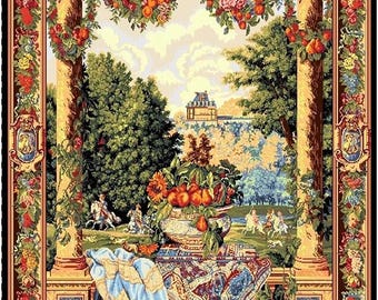 Verdure Aux Versailles Large Tapestry Wall Hanging Floral Arch Castle Scene Art Old World Hunters Horseriders Wall Art Wallhanging 76" x 54"
