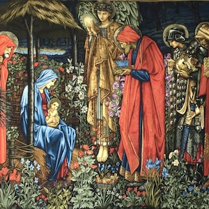Christmas Decor Adoration of the Magi Morris Christian Art Religious Nativity Christmas Scene Tapestry Wall Hanging Jesus Birth Maria 28x42&quot;