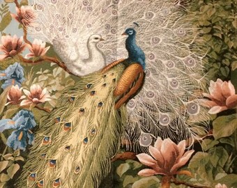 Tapestry Wall Hanging Two Peacocks in the Garden Flowers Couple of Birds Romantic Picture Tropical Plants Decorative Textile 41x28"/103x70cm