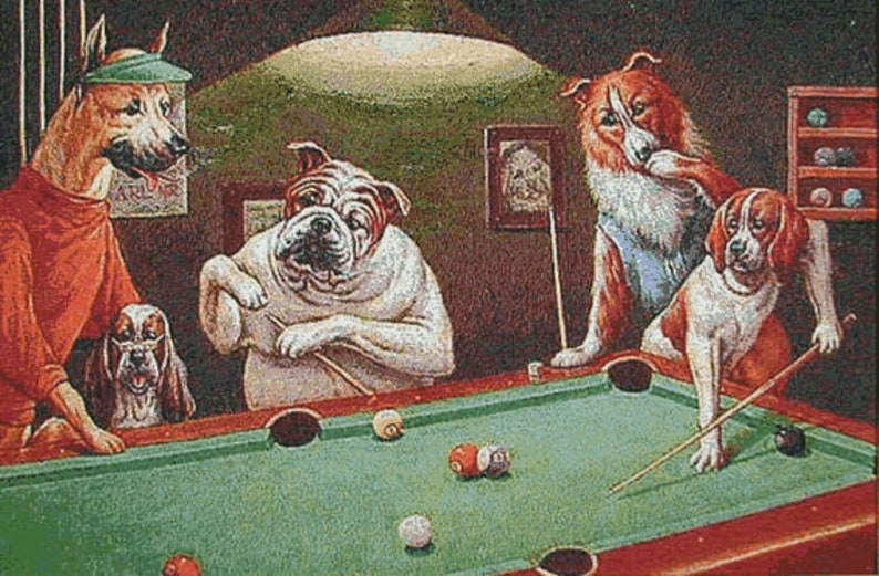 Traditional Wall Art Tapestry Dogs Playing Pool II Set of Reproduction