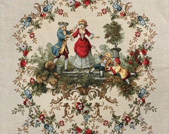 May include: A tapestry featuring a vintage scene of a couple in a garden setting. The woman is wearing a red dress and the man is wearing a blue suit. There are flowers and trees in the background.