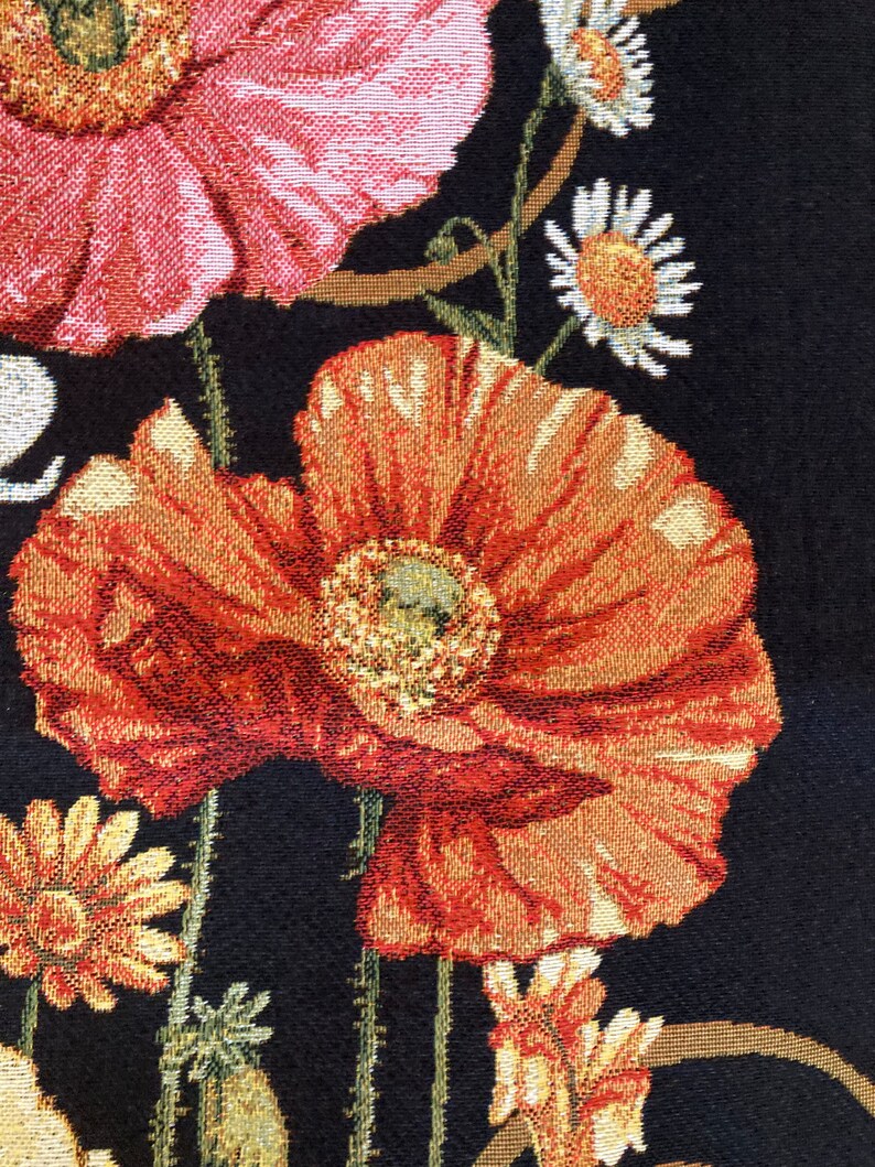 Floral Tapestry Wall Hanging Poppies Flowers on Black Dark Still Life